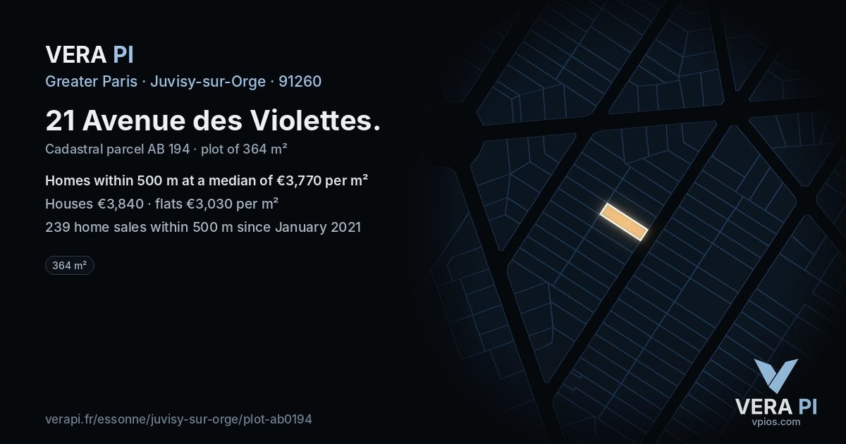 21 Avenue des Violettes, Juvisy-sur-Orge at night – the plot lit, the parcels around coloured by the prices near them
