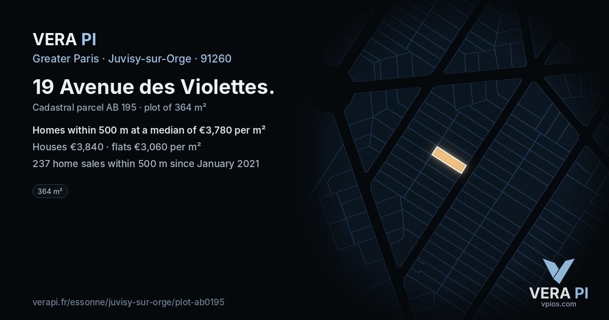 19 Avenue des Violettes, Juvisy-sur-Orge at night – the plot lit, the parcels around coloured by the prices near them