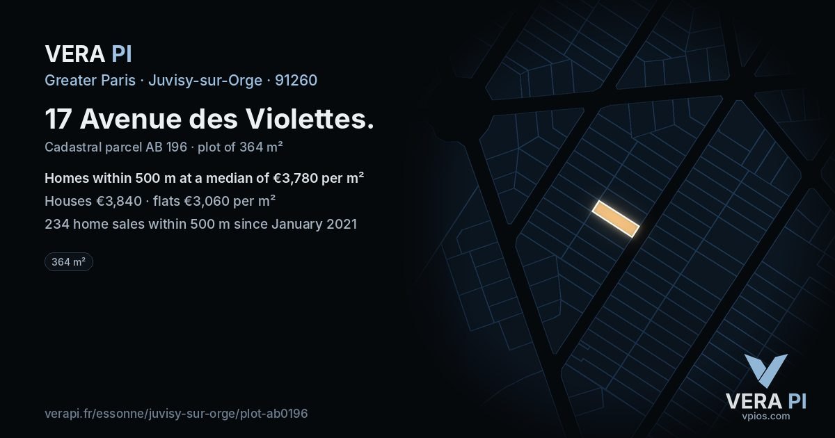 17 Avenue des Violettes, Juvisy-sur-Orge at night – the plot lit, the parcels around coloured by the prices near them
