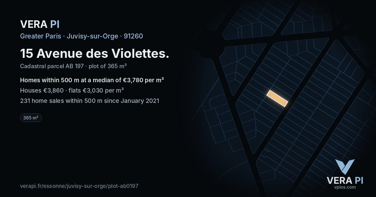 15 Avenue des Violettes, Juvisy-sur-Orge at night – the plot lit, the parcels around coloured by the prices near them