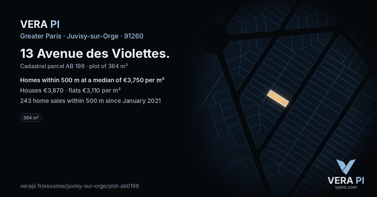 13 Avenue des Violettes, Juvisy-sur-Orge at night – the plot lit, the parcels around coloured by the prices near them