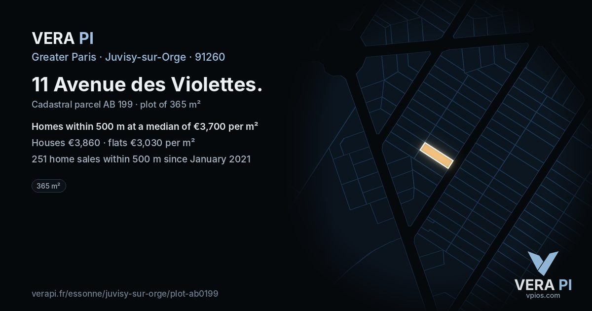11 Avenue des Violettes, Juvisy-sur-Orge at night – the plot lit, the parcels around coloured by the prices near them