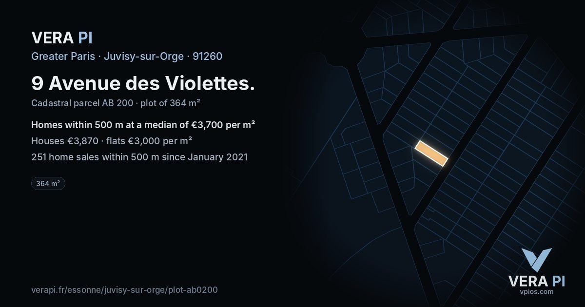 9 Avenue des Violettes, Juvisy-sur-Orge at night – the plot lit, the parcels around coloured by the prices near them