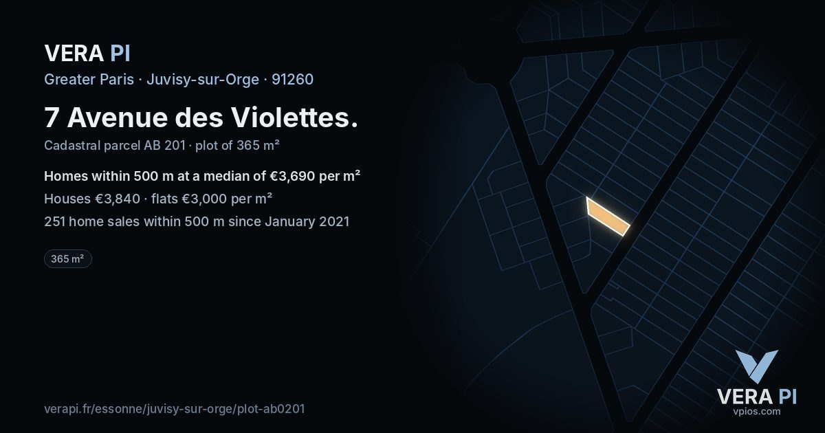 7 Avenue des Violettes, Juvisy-sur-Orge at night – the plot lit, the parcels around coloured by the prices near them
