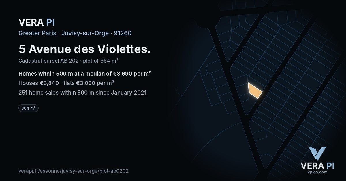 5 Avenue des Violettes, Juvisy-sur-Orge at night – the plot lit, the parcels around coloured by the prices near them