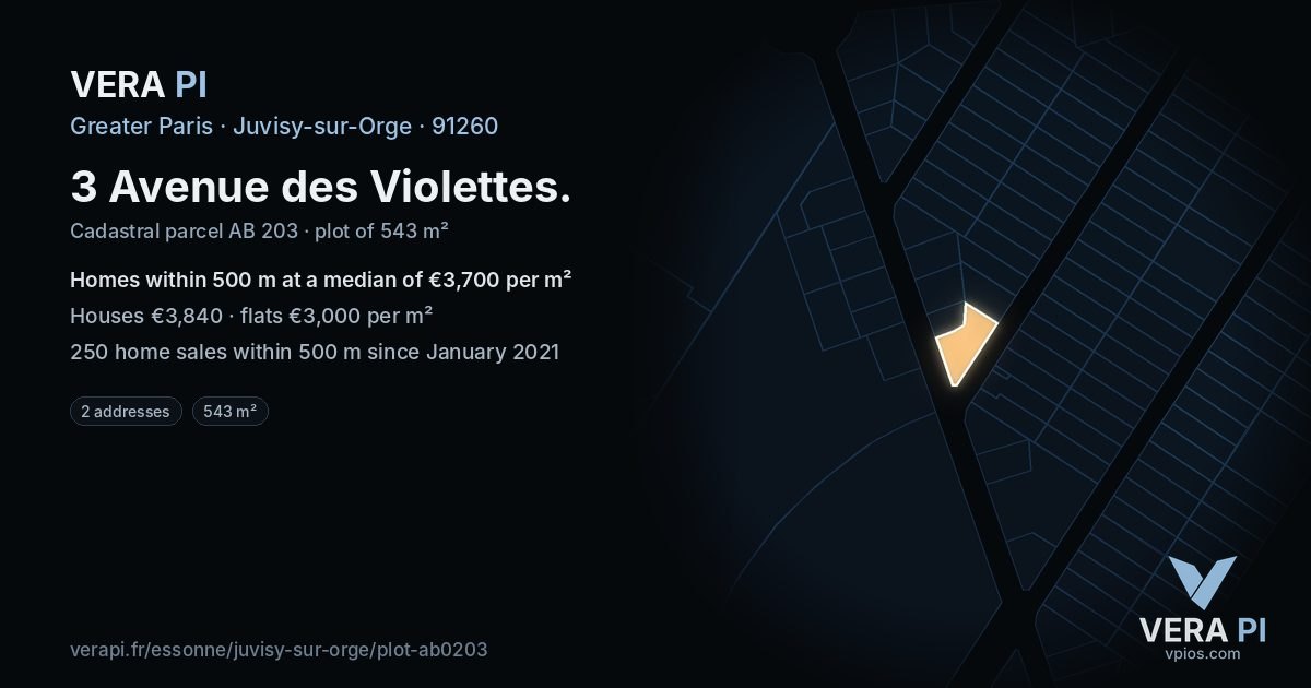 3 Avenue des Violettes, Juvisy-sur-Orge at night – the plot lit, the parcels around coloured by the prices near them