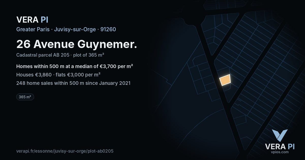 26 Avenue Guynemer, Juvisy-sur-Orge at night – the plot lit, the parcels around coloured by the prices near them