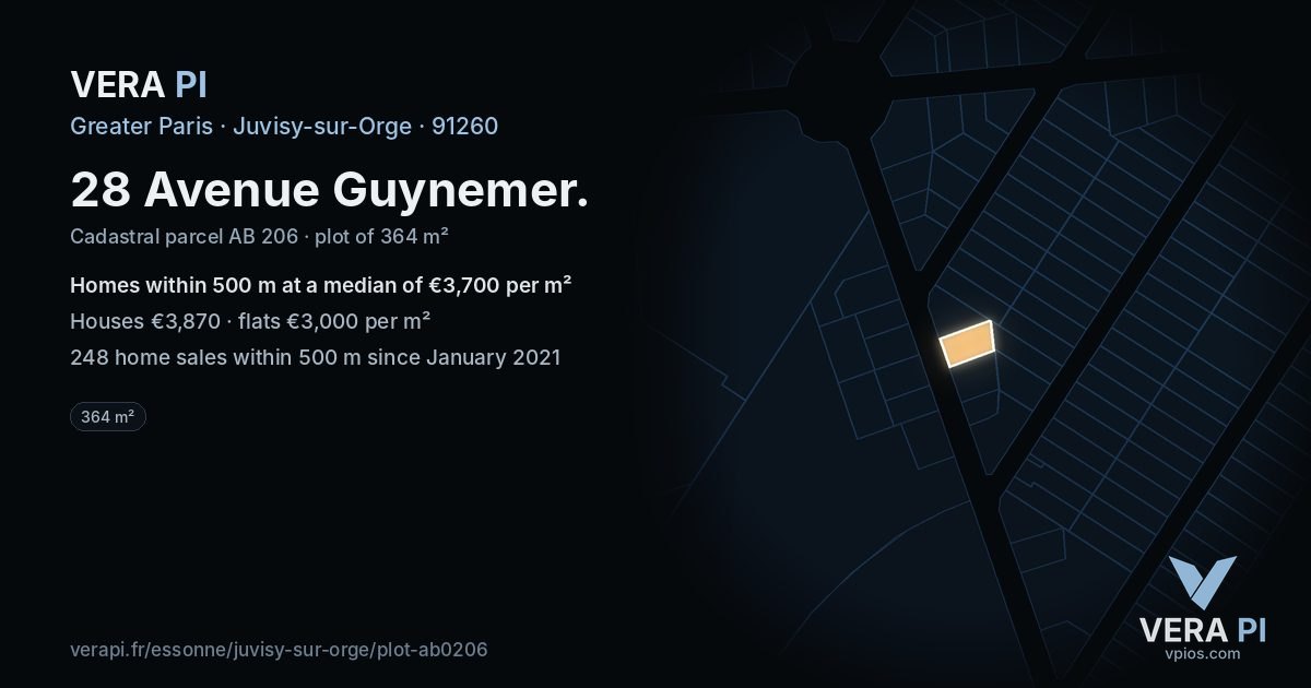28 Avenue Guynemer, Juvisy-sur-Orge at night – the plot lit, the parcels around coloured by the prices near them