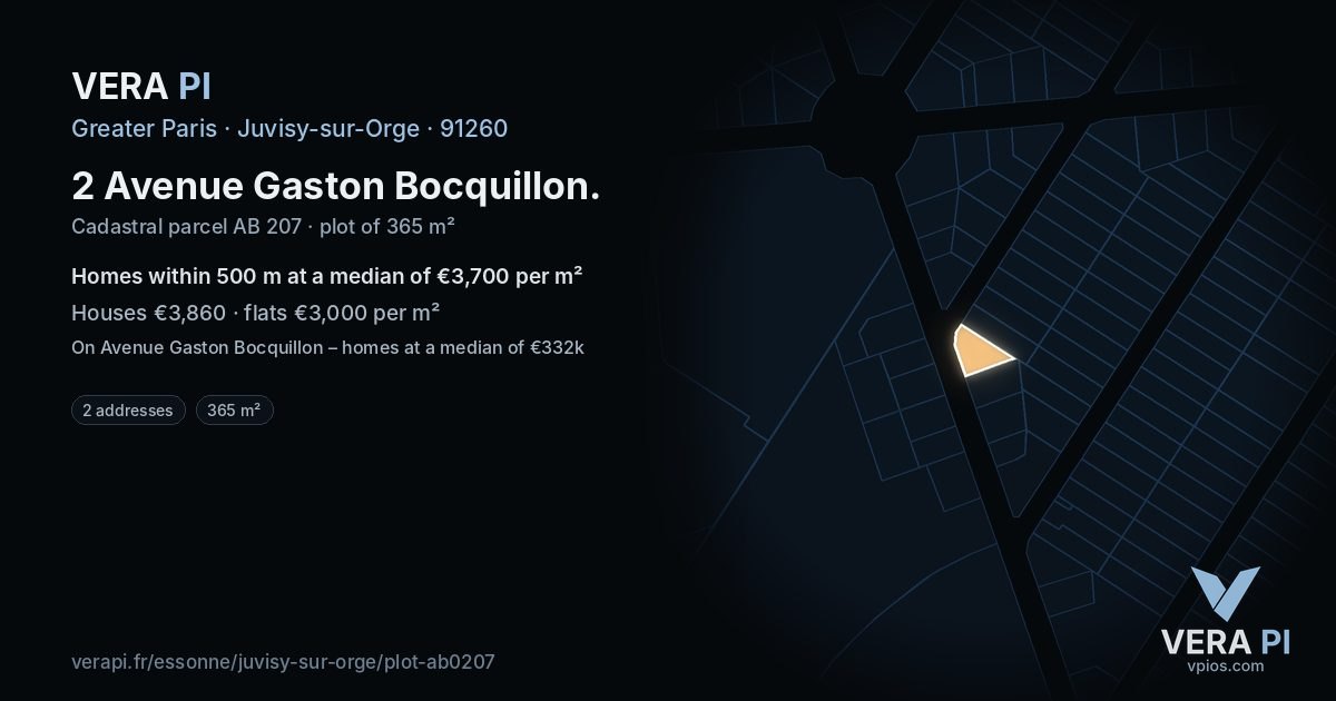 2 Avenue Gaston Bocquillon, Juvisy-sur-Orge at night – the plot lit, the parcels around coloured by the prices near them