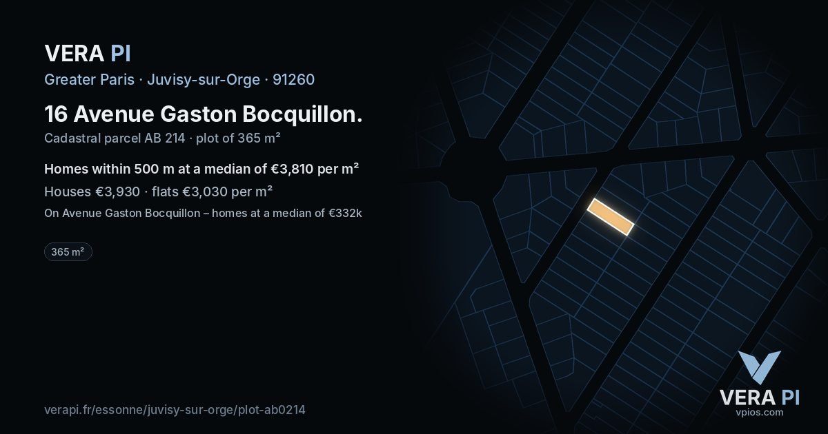 16 Avenue Gaston Bocquillon, Juvisy-sur-Orge at night – the plot lit, the parcels around coloured by the prices near them