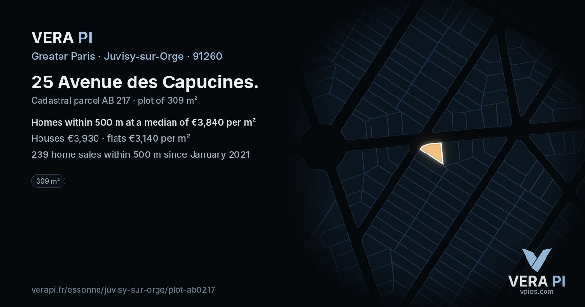 25 Avenue des Capucines, Juvisy-sur-Orge at night – the plot lit, the parcels around coloured by the prices near them