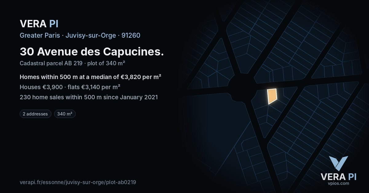 30 Avenue des Capucines, Juvisy-sur-Orge at night – the plot lit, the parcels around coloured by the prices near them