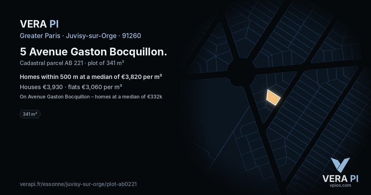 5 Avenue Gaston Bocquillon, Juvisy-sur-Orge at night – the plot lit, the parcels around coloured by the prices near them