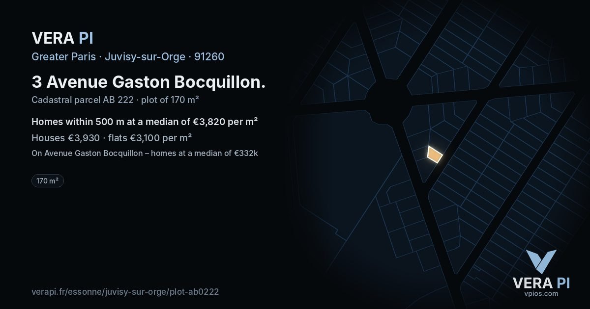 3 Avenue Gaston Bocquillon, Juvisy-sur-Orge at night – the plot lit, the parcels around coloured by the prices near them