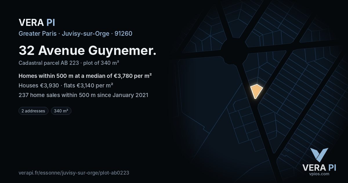 32 Avenue Guynemer, Juvisy-sur-Orge at night – the plot lit, the parcels around coloured by the prices near them