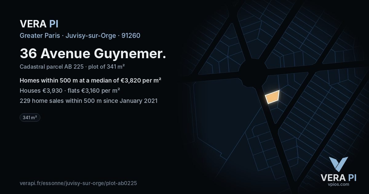 36 Avenue Guynemer, Juvisy-sur-Orge at night – the plot lit, the parcels around coloured by the prices near them