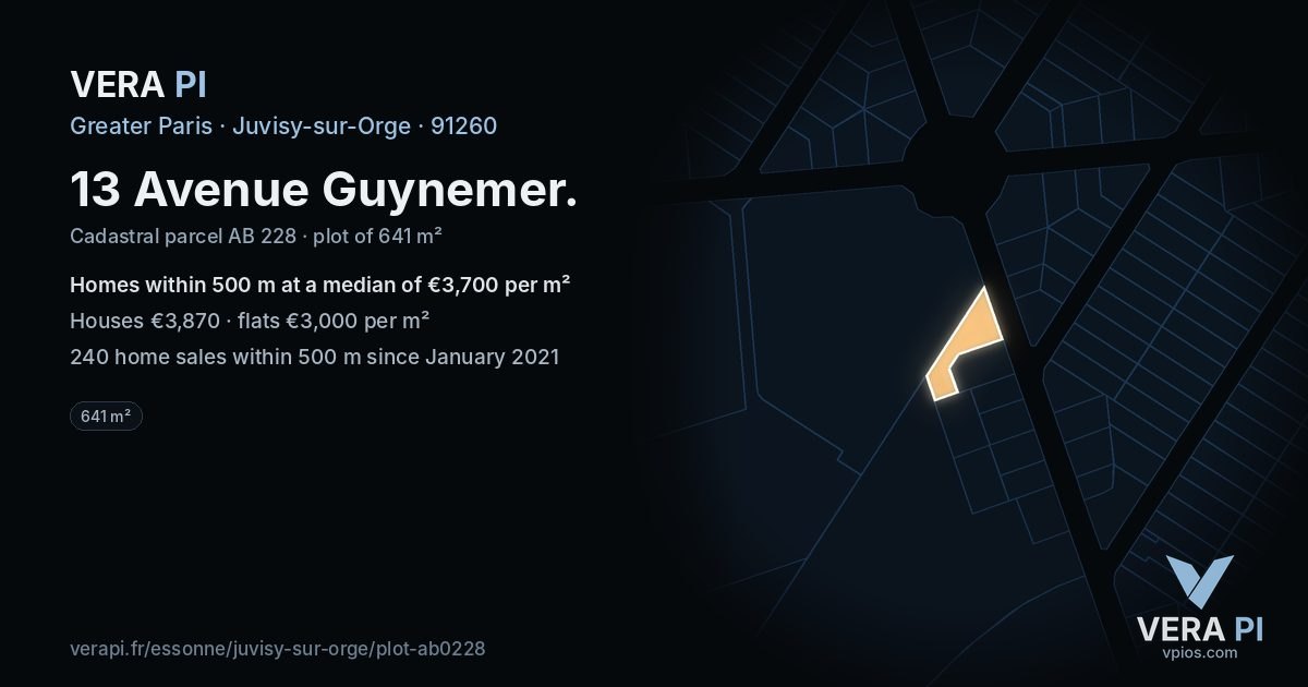 13 Avenue Guynemer, Juvisy-sur-Orge at night – the plot lit, the parcels around coloured by the prices near them