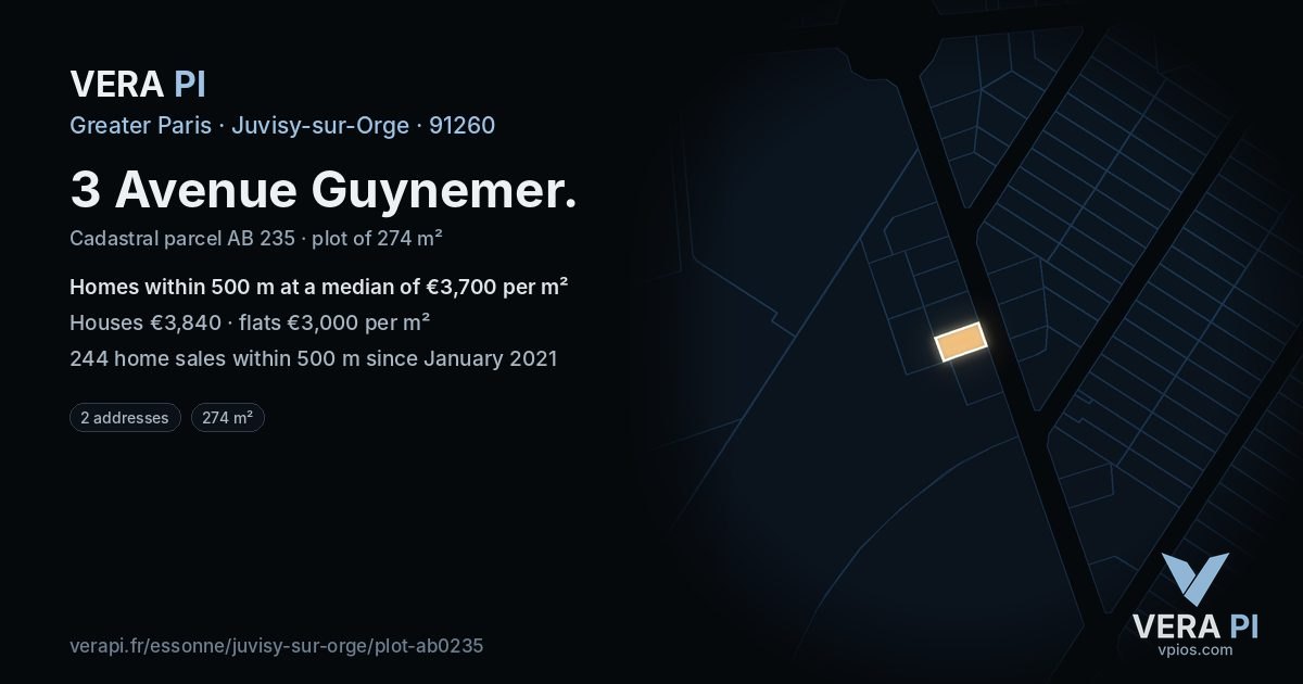 3 Avenue Guynemer, Juvisy-sur-Orge at night – the plot lit, the parcels around coloured by the prices near them