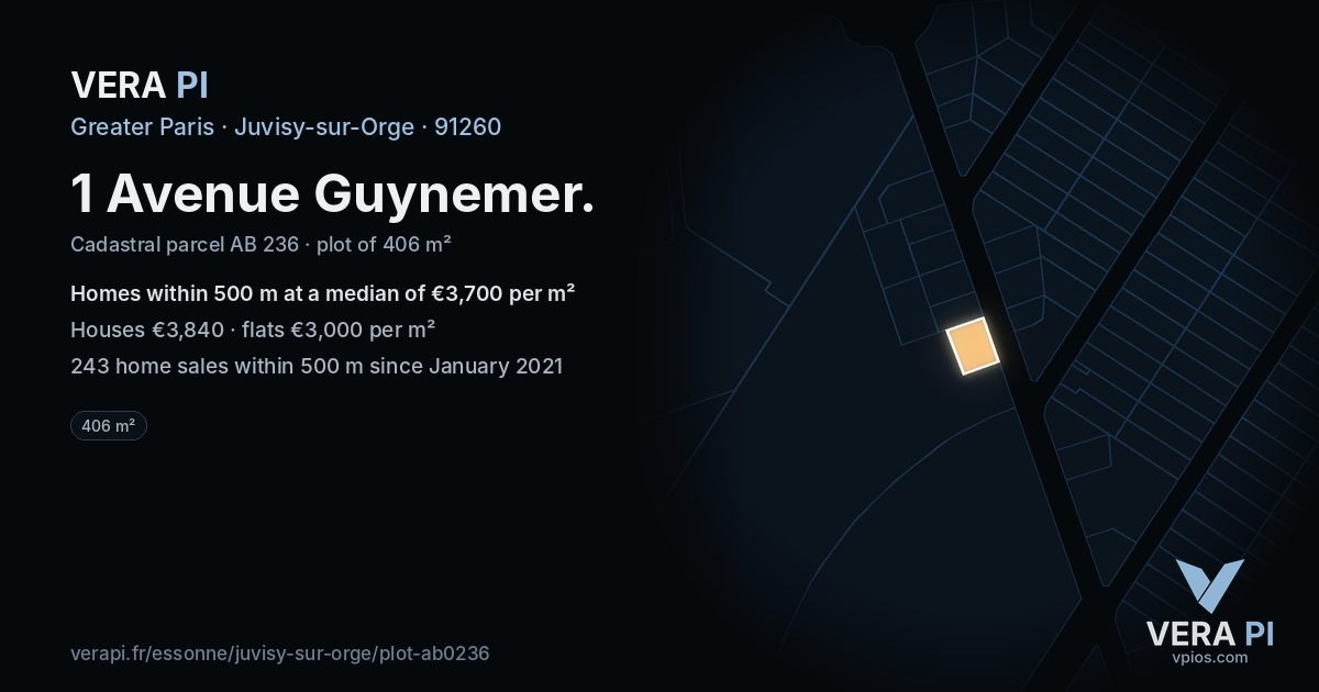 1 Avenue Guynemer, Juvisy-sur-Orge at night – the plot lit, the parcels around coloured by the prices near them