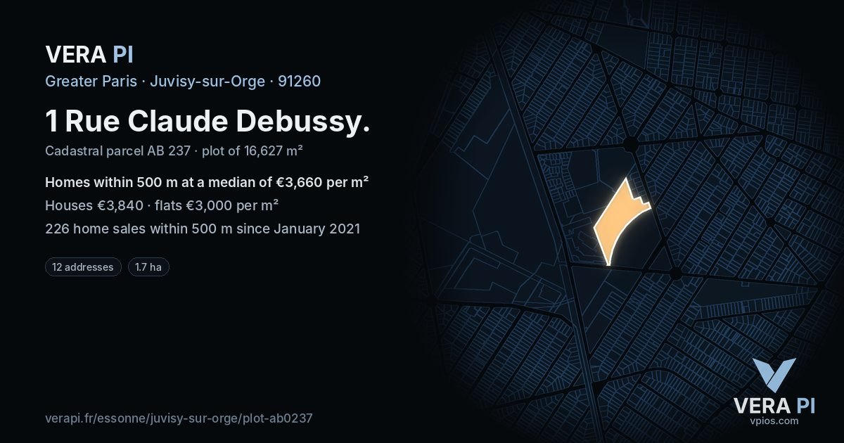 1 Rue Claude Debussy, Juvisy-sur-Orge at night – the plot lit, the parcels around coloured by the prices near them