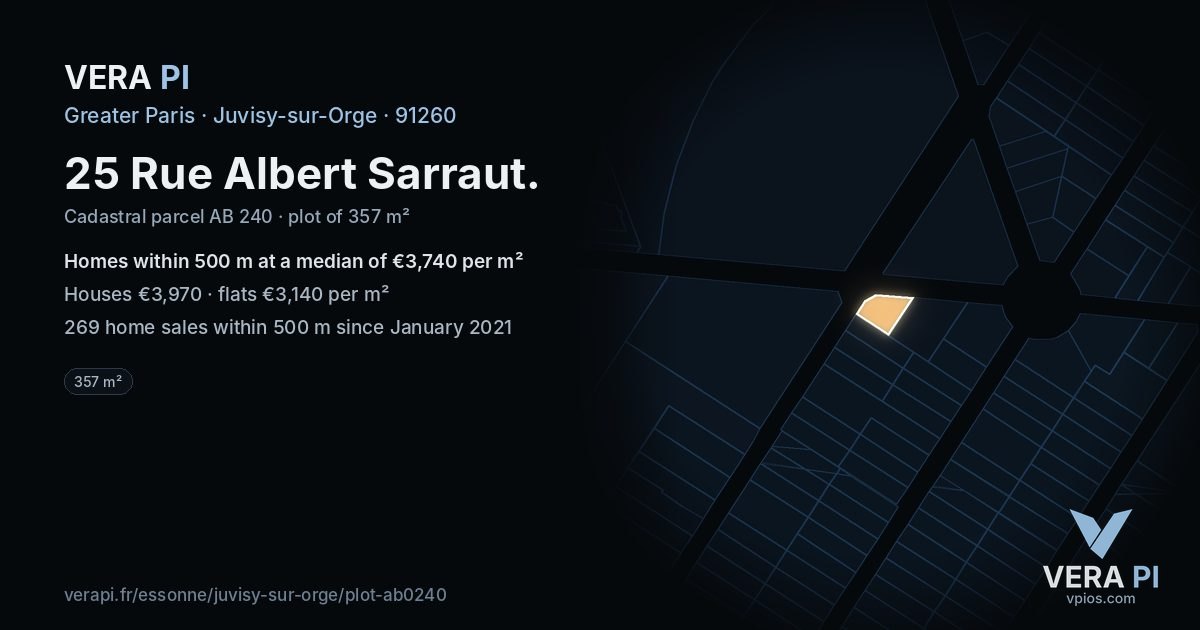 25 Rue Albert Sarraut, Juvisy-sur-Orge at night – the plot lit, the parcels around coloured by the prices near them