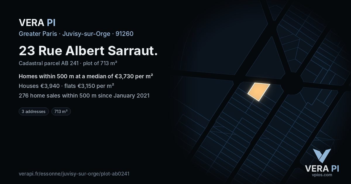 23 Rue Albert Sarraut, Juvisy-sur-Orge at night – the plot lit, the parcels around coloured by the prices near them