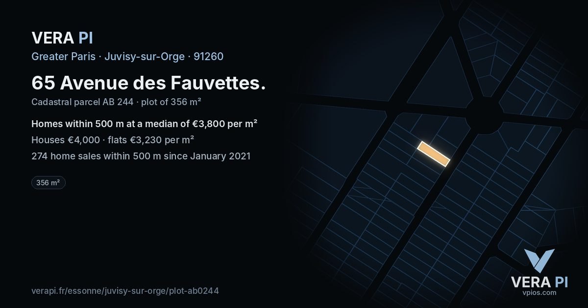 65 Avenue des Fauvettes, Juvisy-sur-Orge at night – the plot lit, the parcels around coloured by the prices near them