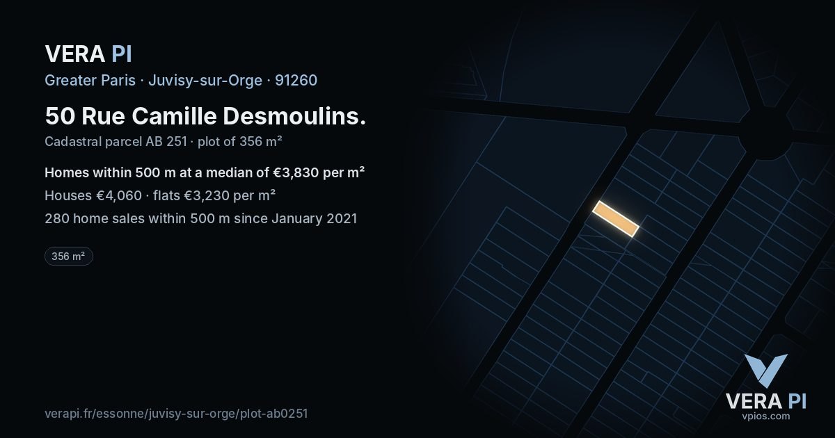 50 Rue Camille Desmoulins, Juvisy-sur-Orge at night – the plot lit, the parcels around coloured by the prices near them