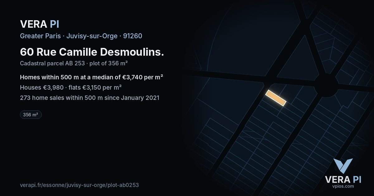 60 Rue Camille Desmoulins, Juvisy-sur-Orge at night – the plot lit, the parcels around coloured by the prices near them