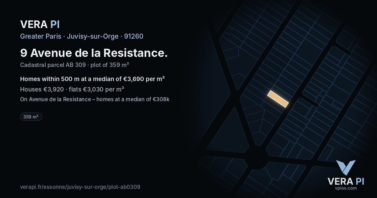 9 Avenue de la Resistance, Juvisy-sur-Orge at night – the plot lit, the parcels around coloured by the prices near them