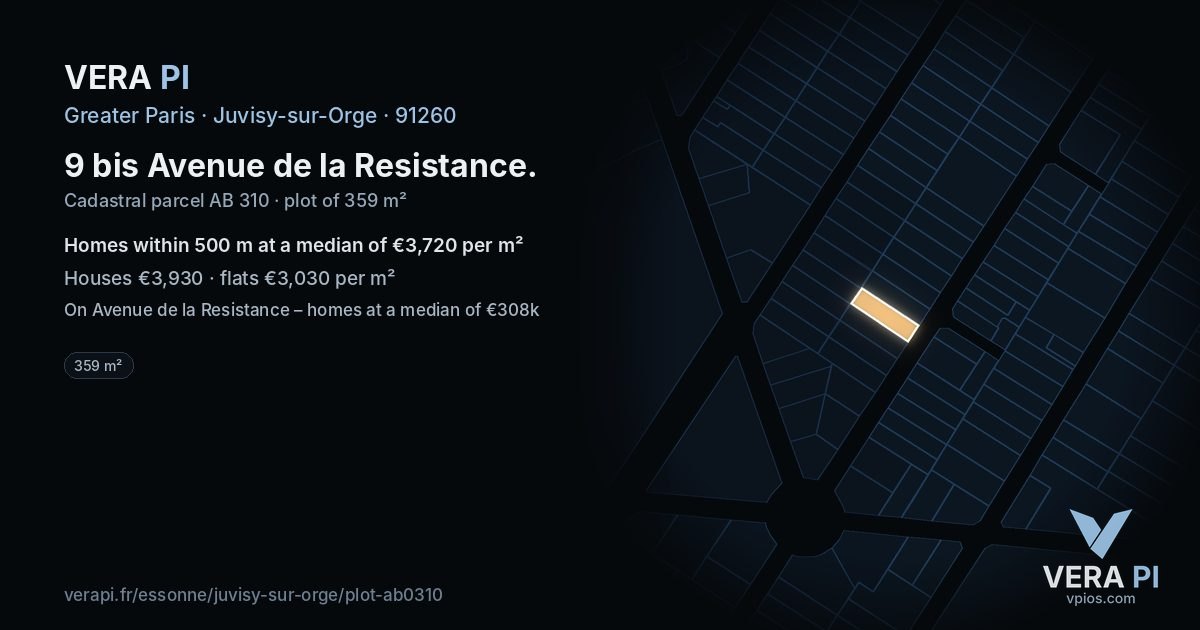 9 bis Avenue de la Resistance, Juvisy-sur-Orge at night – the plot lit, the parcels around coloured by the prices near them