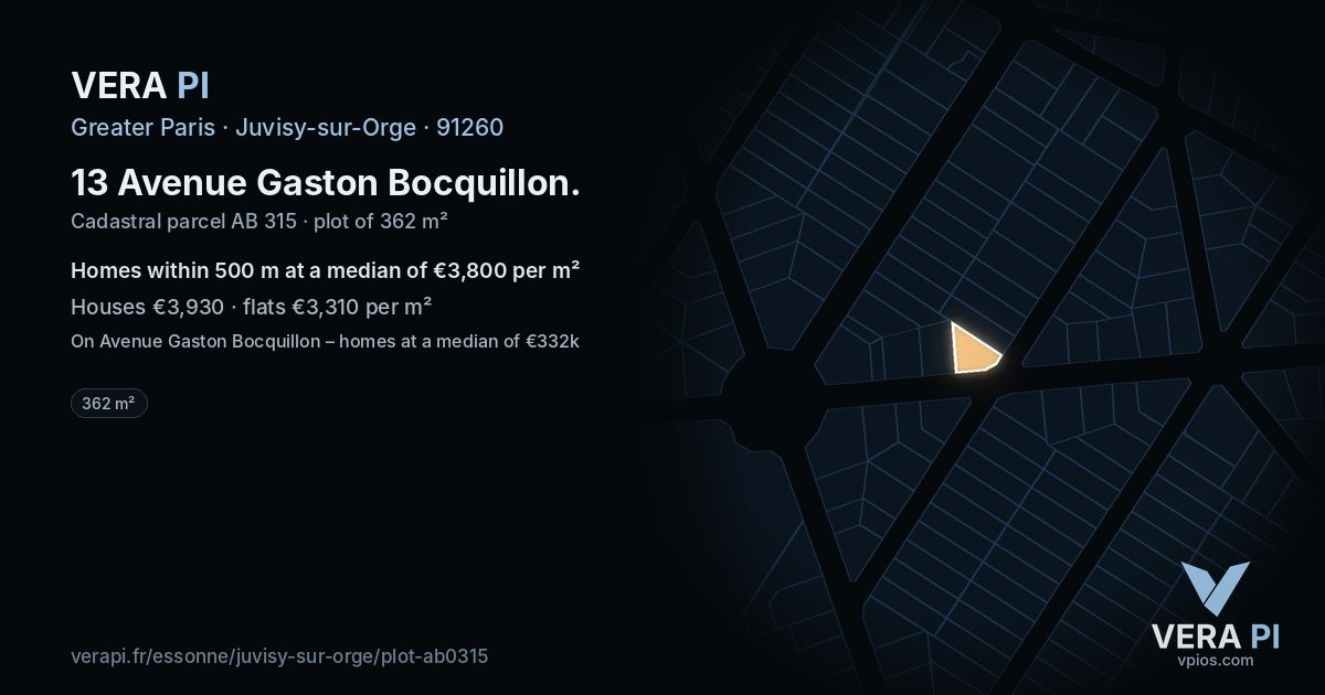 13 Avenue Gaston Bocquillon, Juvisy-sur-Orge at night – the plot lit, the parcels around coloured by the prices near them