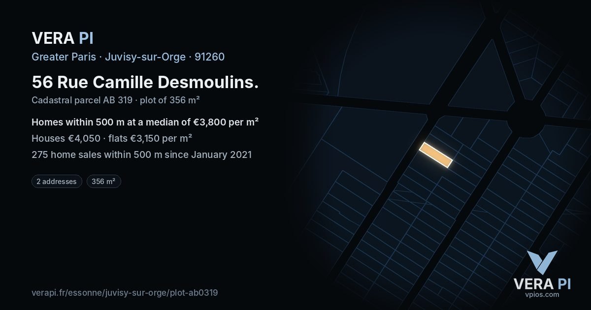 56 Rue Camille Desmoulins, Juvisy-sur-Orge at night – the plot lit, the parcels around coloured by the prices near them