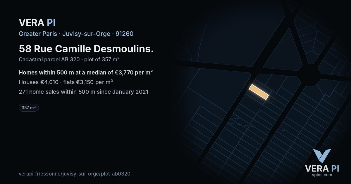 58 Rue Camille Desmoulins, Juvisy-sur-Orge at night – the plot lit, the parcels around coloured by the prices near them