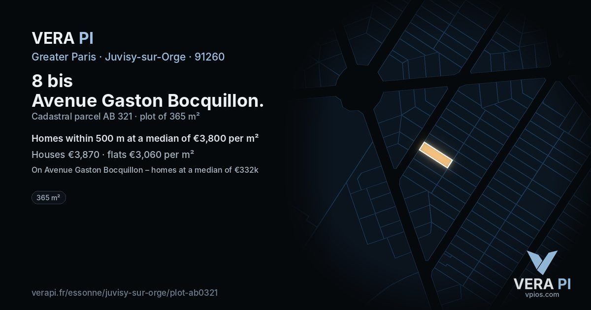 8 bis Avenue Gaston Bocquillon, Juvisy-sur-Orge at night – the plot lit, the parcels around coloured by the prices near them