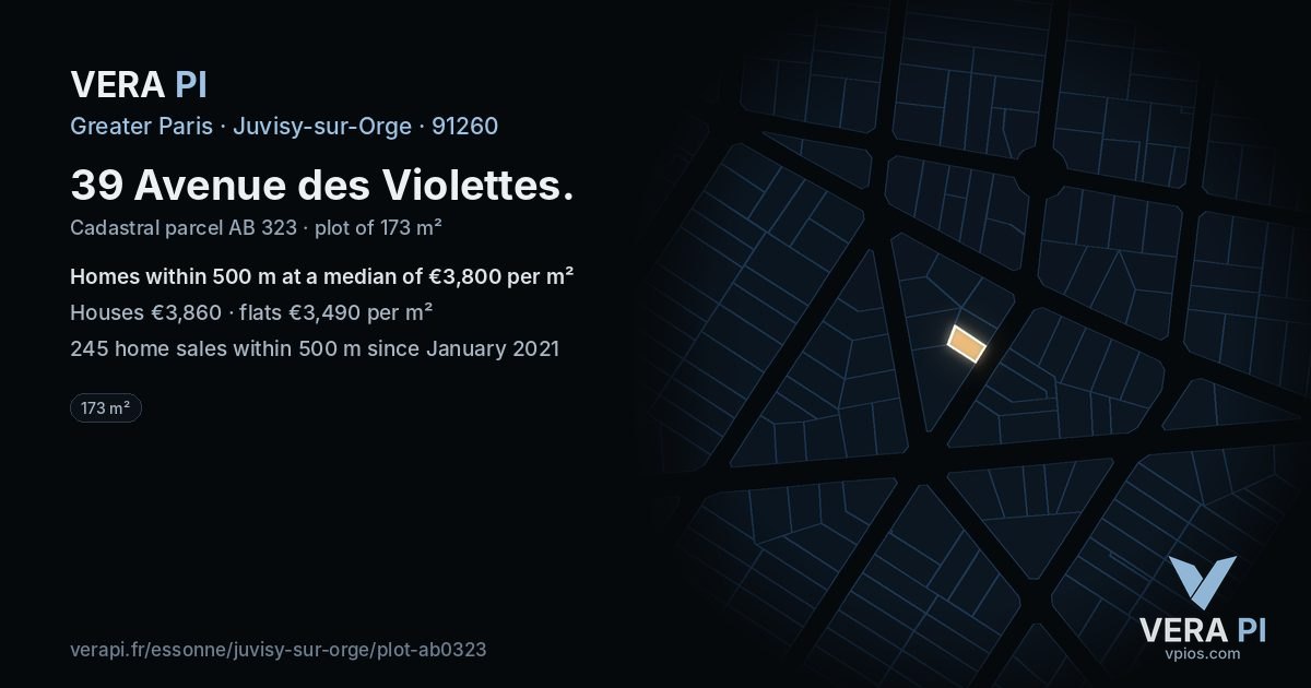 39 Avenue des Violettes, Juvisy-sur-Orge at night – the plot lit, the parcels around coloured by the prices near them