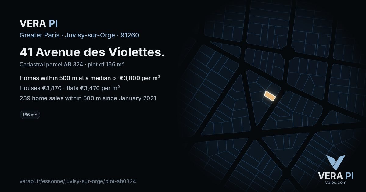 41 Avenue des Violettes, Juvisy-sur-Orge at night – the plot lit, the parcels around coloured by the prices near them