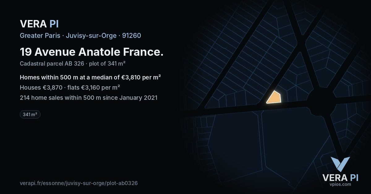 19 Avenue Anatole France, Juvisy-sur-Orge at night – the plot lit, the parcels around coloured by the prices near them