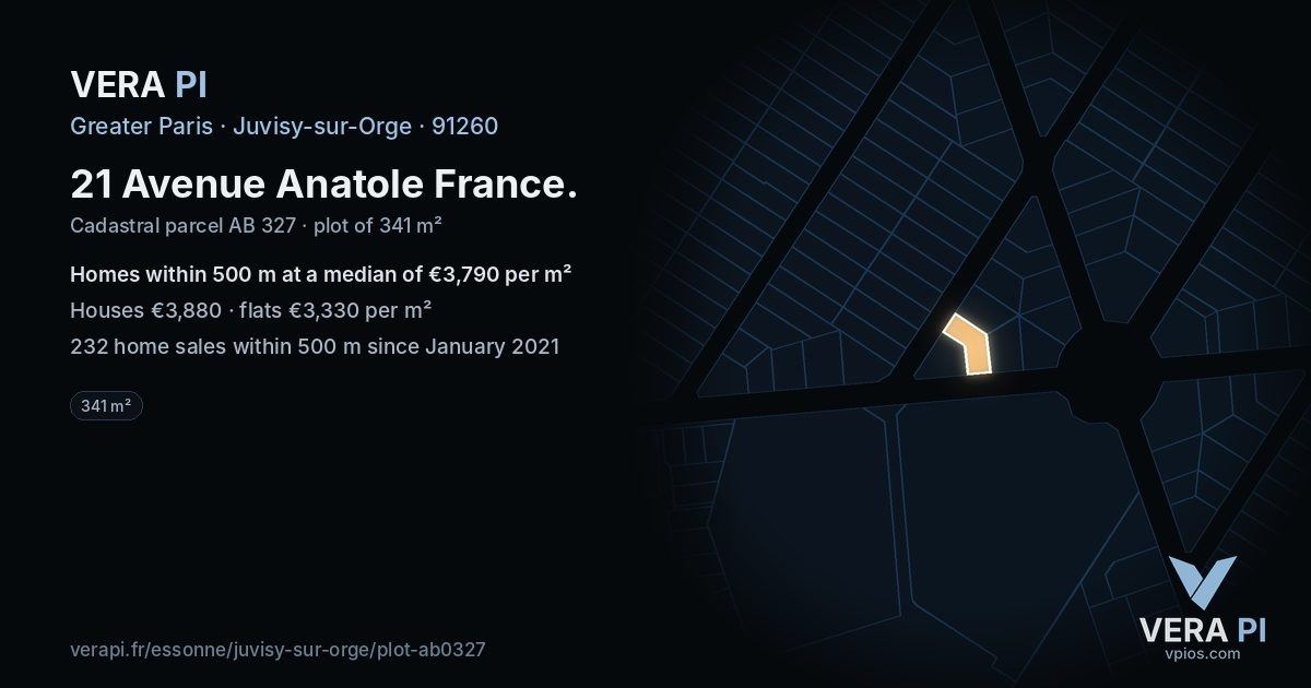21 Avenue Anatole France, Juvisy-sur-Orge at night – the plot lit, the parcels around coloured by the prices near them
