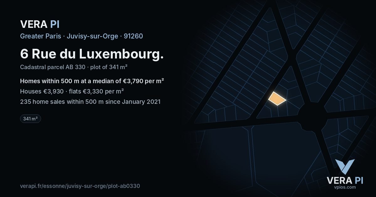 6 Rue du Luxembourg, Juvisy-sur-Orge at night – the plot lit, the parcels around coloured by the prices near them