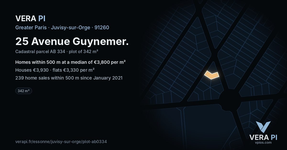 25 Avenue Guynemer, Juvisy-sur-Orge at night – the plot lit, the parcels around coloured by the prices near them