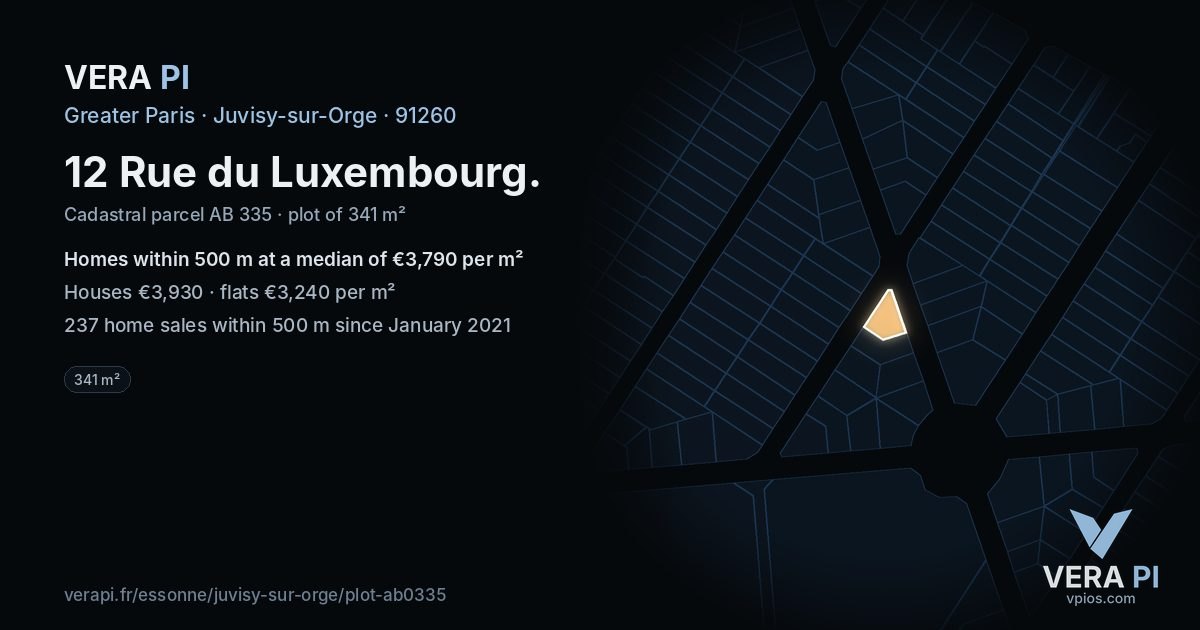 12 Rue du Luxembourg, Juvisy-sur-Orge at night – the plot lit, the parcels around coloured by the prices near them