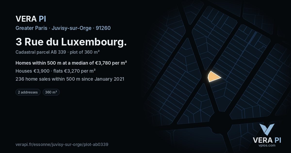 3 Rue du Luxembourg, Juvisy-sur-Orge at night – the plot lit, the parcels around coloured by the prices near them