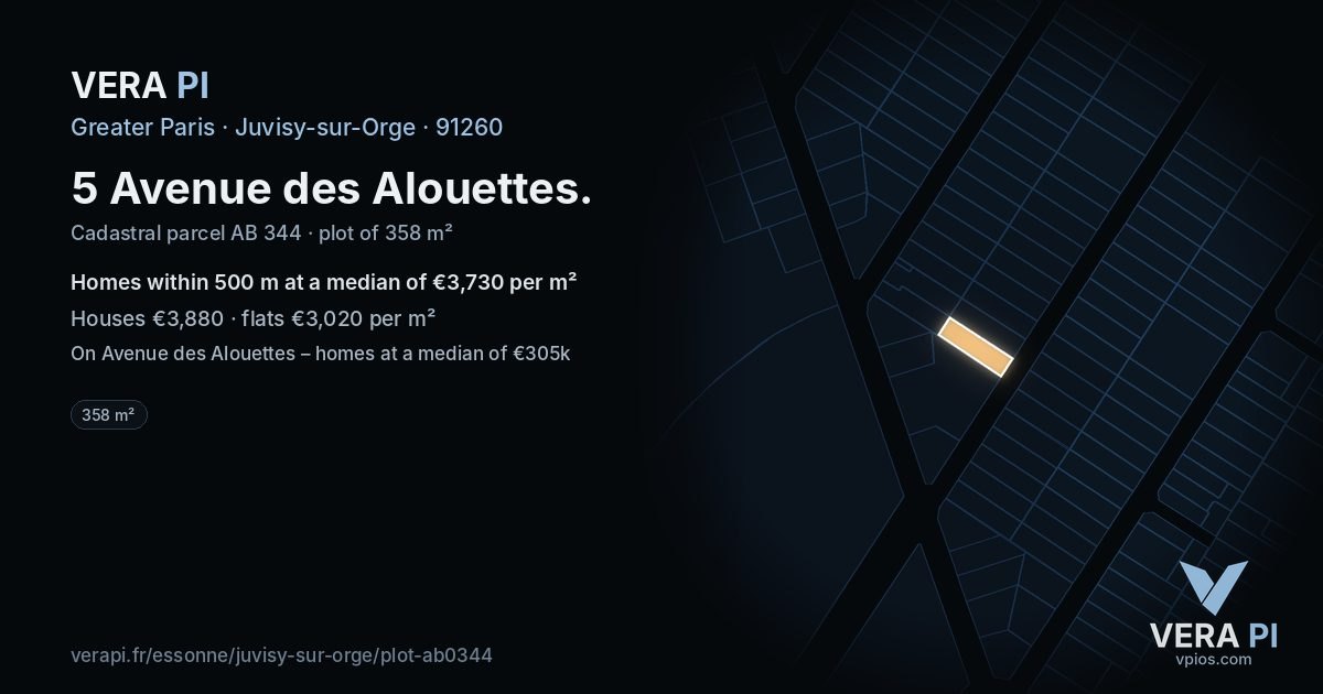 5 Avenue des Alouettes, Juvisy-sur-Orge at night – the plot lit, the parcels around coloured by the prices near them