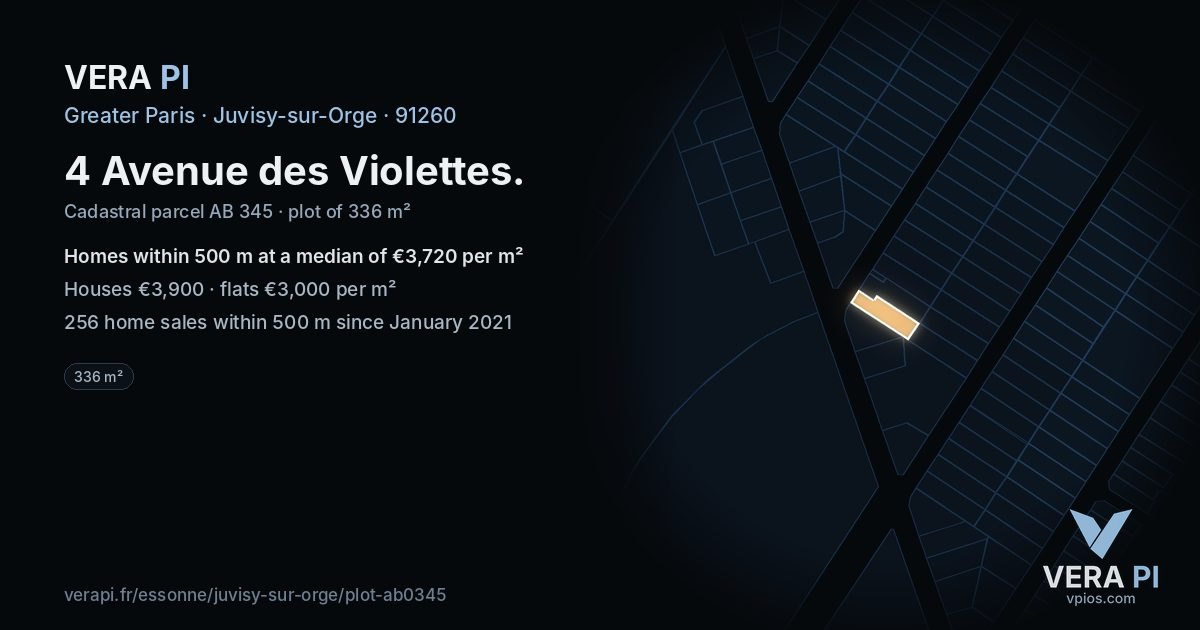 4 Avenue des Violettes, Juvisy-sur-Orge at night – the plot lit, the parcels around coloured by the prices near them