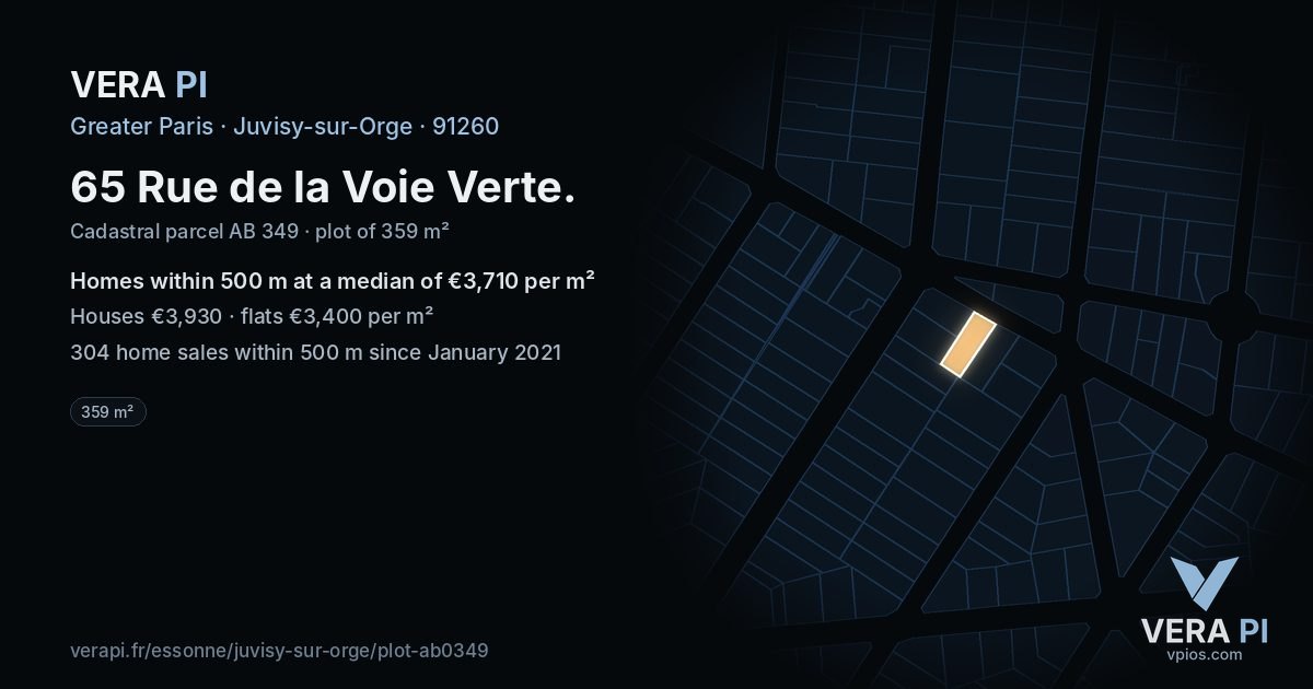65 Rue de la Voie Verte, Juvisy-sur-Orge at night – the plot lit, the parcels around coloured by the prices near them