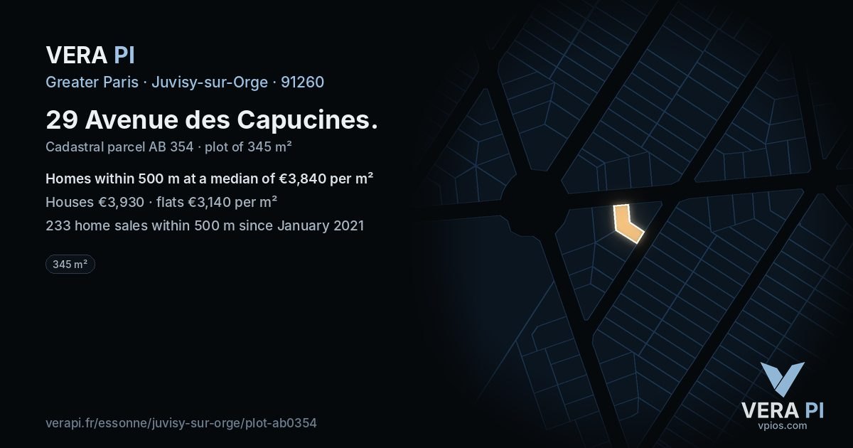 29 Avenue des Capucines, Juvisy-sur-Orge at night – the plot lit, the parcels around coloured by the prices near them