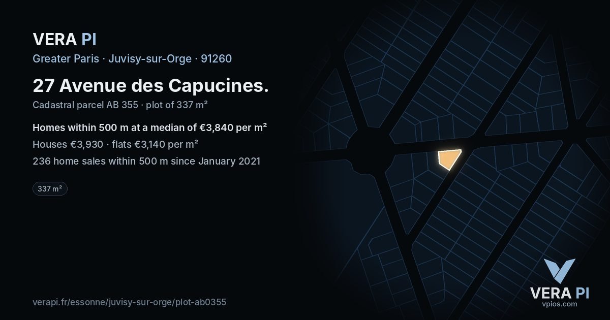 27 Avenue des Capucines, Juvisy-sur-Orge at night – the plot lit, the parcels around coloured by the prices near them