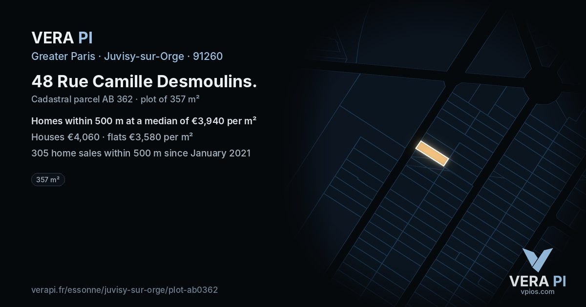 48 Rue Camille Desmoulins, Juvisy-sur-Orge at night – the plot lit, the parcels around coloured by the prices near them
