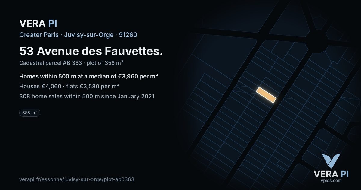 53 Avenue des Fauvettes, Juvisy-sur-Orge at night – the plot lit, the parcels around coloured by the prices near them
